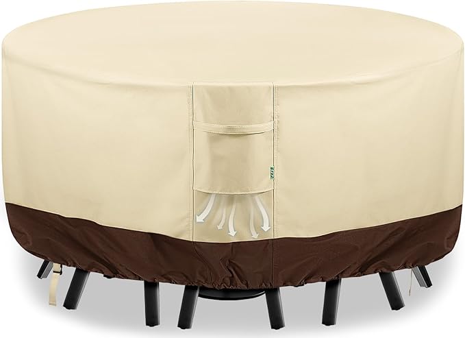 Round Patio Furniture Covers, 96" DIA x 28 H Waterproof Outdoor Furniture Cover for Patio Table & Chair Sets, 600D Heavy-duty UV-Resistant Fade-Proof Protection, Beige & Brown