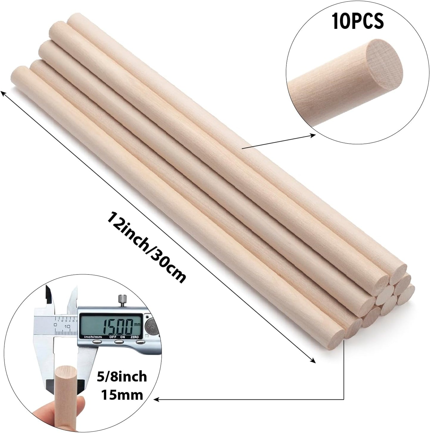 Wood Dowels Wooden Dowel Rods for Crafts, 10PCS 5/8 x 12 Round Macrame Wooden Sticks for Crafting, Unfinished Hardwood Sticks for Arts and DIYers, Tiered Cake Support and Wedding Ribbon Wands