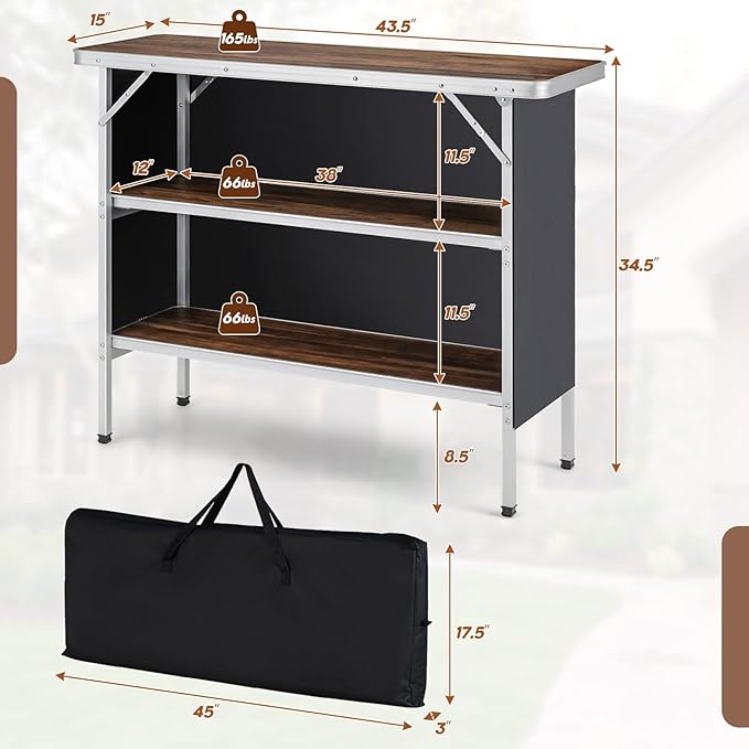 Giantex Portable Bar Table for Events, Folding Mobile Bartending Station with Storage Shelves, Removable Privacy Skirt, Carrying Case, for Parties, Catering, Trade Shows (Coffee, 43.5''L x 34.5''H)