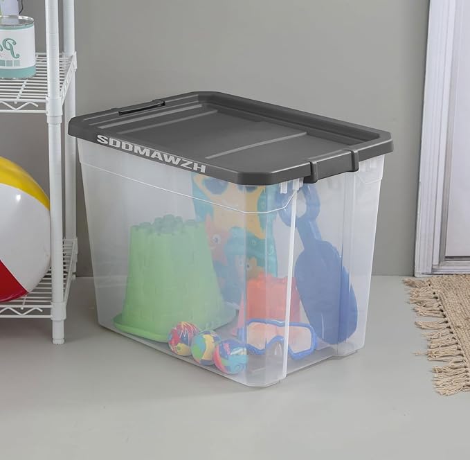 108-Quart Clear Plastic Stackable Storage Tote with Latching Lid, Textured Grip, Flat Grey Lid,Heavy Duty Stackable Storage Bins, – Closet, Bathroom, Office Organizer