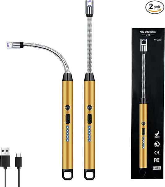 2 PCS Candle Lighter, Lighters for Candle Arc Windproof Flameless with 360° Flexible Neck & LED Power Display, Electric Lighter for BBQ, Grill, Camping, Fireplace, Stove(Gold)