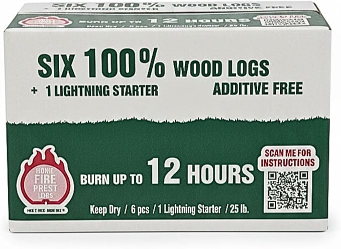 Home Fire Prest Logs - Burn up to 12 Hours in a Wood Stove - Six 100% Wood Fire Logs with One Lighting Fire Starter for Indoor Fireplace and Outdoor Fireplace - Additive Free, Made in The USA
