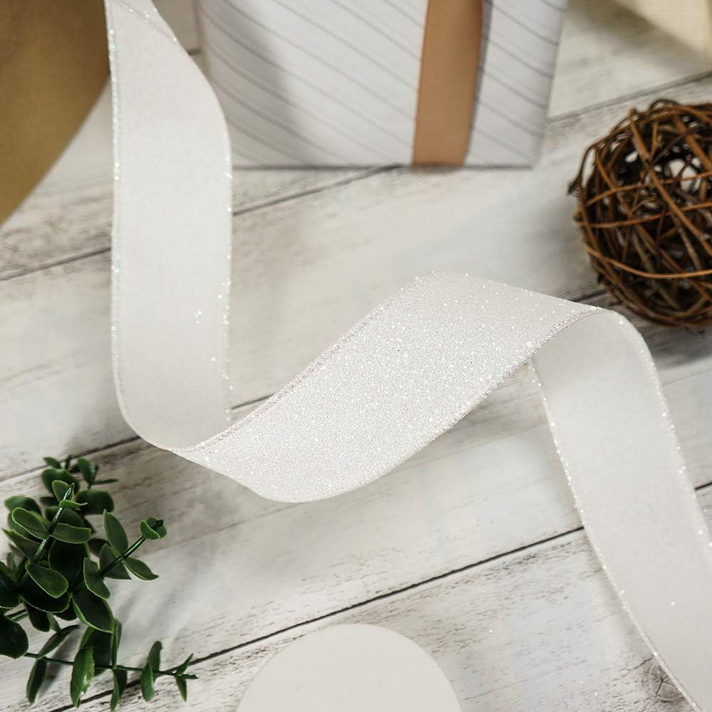 CT CRAFT LLC Glitter Wired Ribbon 1.5" x 10 Yards White for Christmas Home Decor Bow Gift Wrapping DIY Crafts Wreath