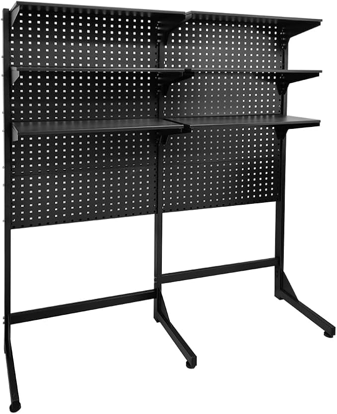 JZD Steel Free Standing Pegboard Shelf Unit, Metal Pegboard Floor Display System, for Home Office, Black