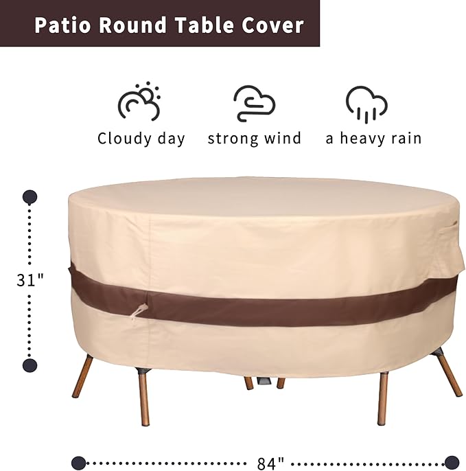 Round Patio Furniture Cover, Heavy Duty and Waterproof for Outdoor Furniture covers, Round outdoor table cover, Patio table cover 84"DIA x 31"H Beige