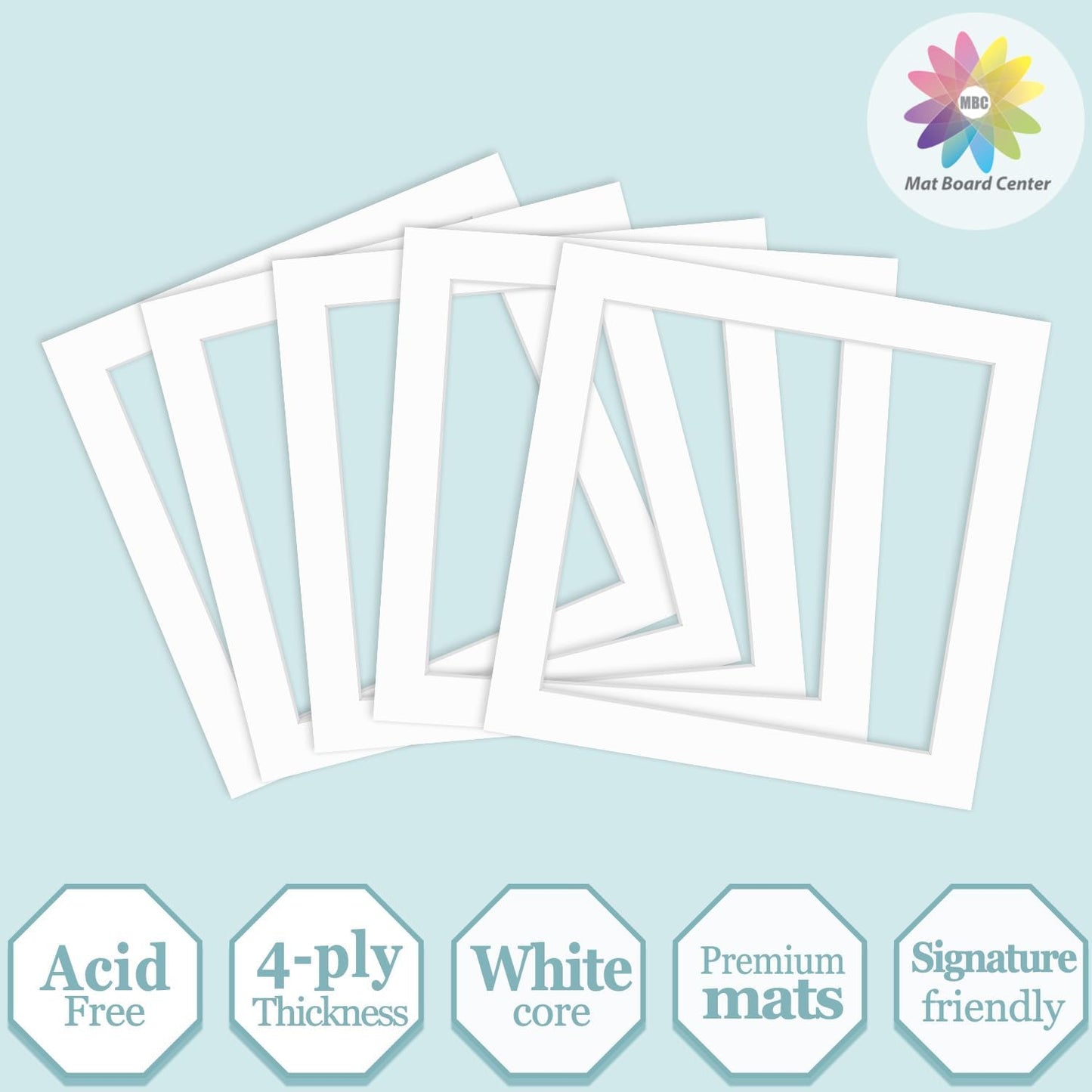 MBC Mat Board Center, 5 Pack 12x12 for 10x10 White Picture Mats Frame Mattes, Bevel Cut, Acid Free, 4-ply Thickness