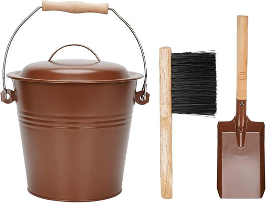 Mini Ash Bucket with Lid, 1.5-Gallon Pail with Shovel and Hand Broom, Metal Bucket Coal and Ash Carrier (Copper)