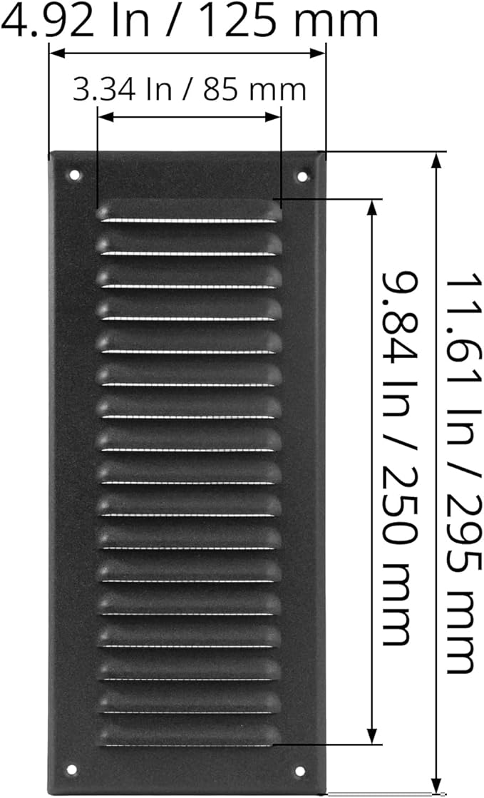 Square Ventilation Grille / 3" x 10" Inch Inside Measurement/Black Metal Air Vent Louver - Inside/Outside use / 5" x 11.5" Inch Outer Measurement