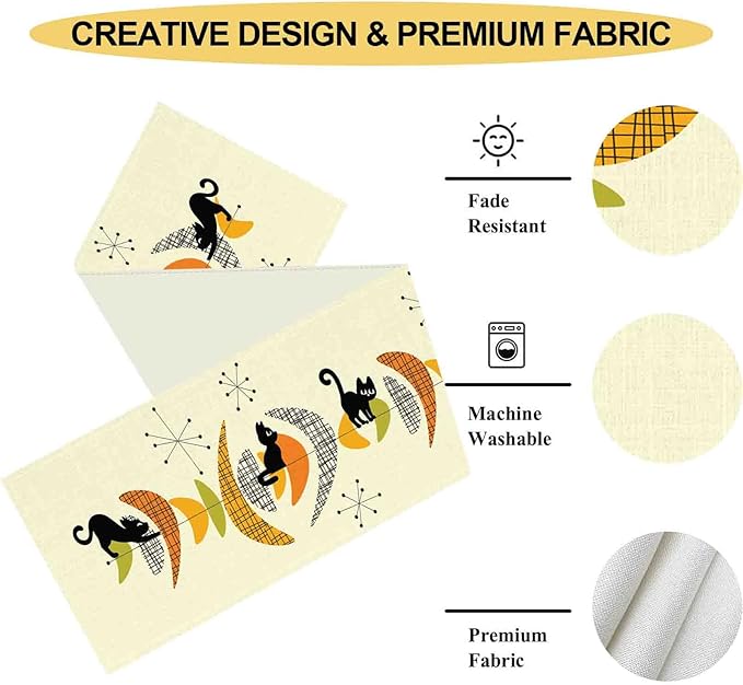 Mid Century Table Runner, Retro 1950s Black Cat Atomic Modern Abstract Coffee Table Center Decor for Home Kitchen Dining Patio Holiday Party Indoor Outdoor Table Decorations, 13"x72" Inch