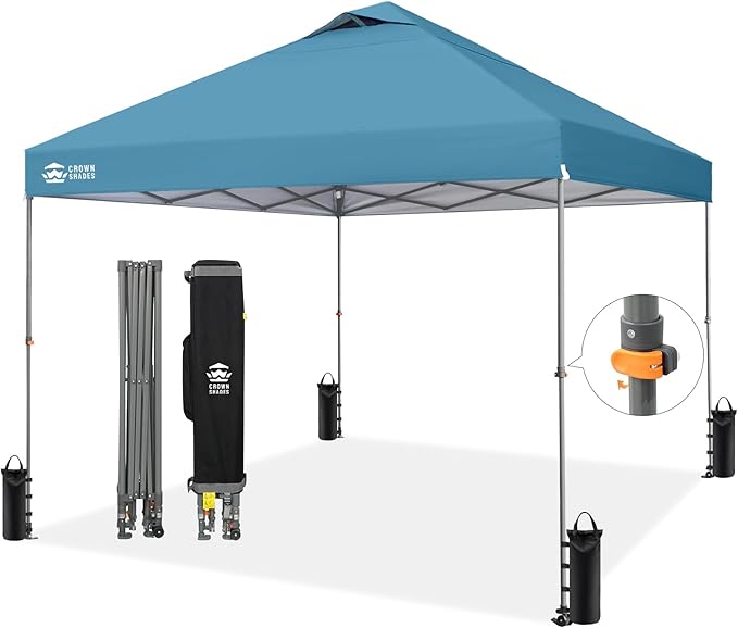 CROWN SHADES Adjustable Height on The Fly, 10x10 Pop Up Canopy - Beach Tent with One Push Setup - Easy Outdoor Sun Shade for Events, Parties, Camping - Outside Shade with STO-N-Go Bag, Cyan Blue