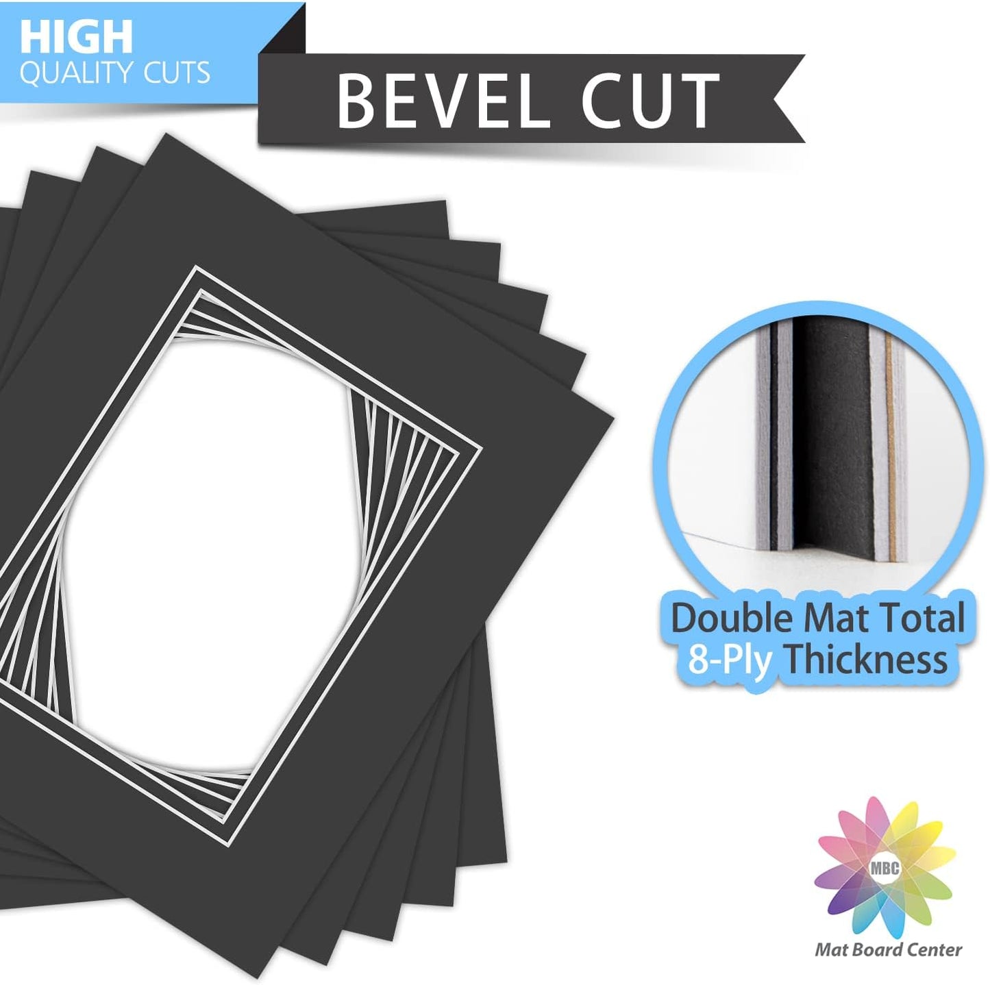 Mat Board Center, Double Mat - Acid Free, 8-ply Thickness, White Core - for Pictures, Photos, Framing (Black Over Black, 8x10 for 5x7, Pack of 5)