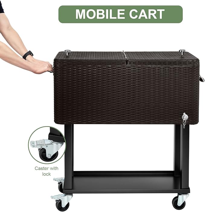 EDOSTORY 80 Quart Rolling Ice Chest Cooler Cart,Patio Backyard Party Drink Beverage Bar Stand Up Cooler Trolley with Ice Scoop