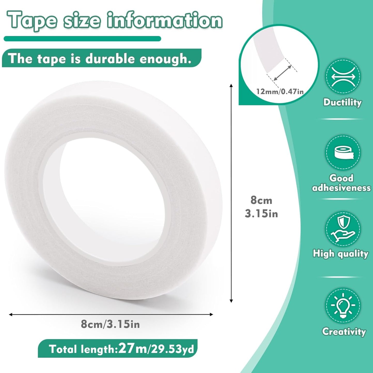 Floral Tape, 1/2inch Flower Tape, White Flower Tape for Bouquet Stem Wrap Floral Arranging Craft Projects Corsages, Wedding Bouquet