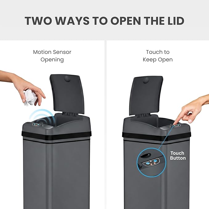 iTouchless 50 Liter / 13 Gallon Kitchen Trash Can with Lid & AbsorbX Odor Filter – Motion Sensor Gunmetal Gray Stainless Steel Garbage Bin for Home, Office, or Garage – Slim, Large Capacity Design