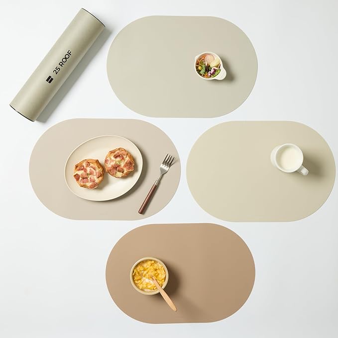 Beige Oval Silicone Placemats Set of 4 – Heat Resistant, Waterproof, Easy to Clean Non-Slip Modern Dining Table Mats – Premium Leather Textured Japandi Kitchen Decor