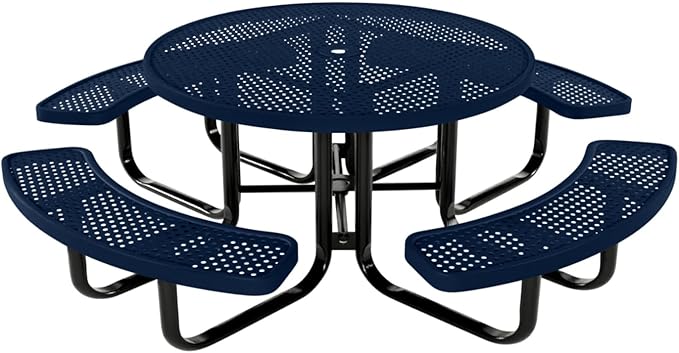 COATEDOUTDOORFURNITURE Heavy-Duty Portable Outdoor Kids Table with Umbrella Hole, Punched Steel Kids Picnic Table, Commercial-Grade, Made in America (46 in, Round, Childrens, Textured Dark Blue)