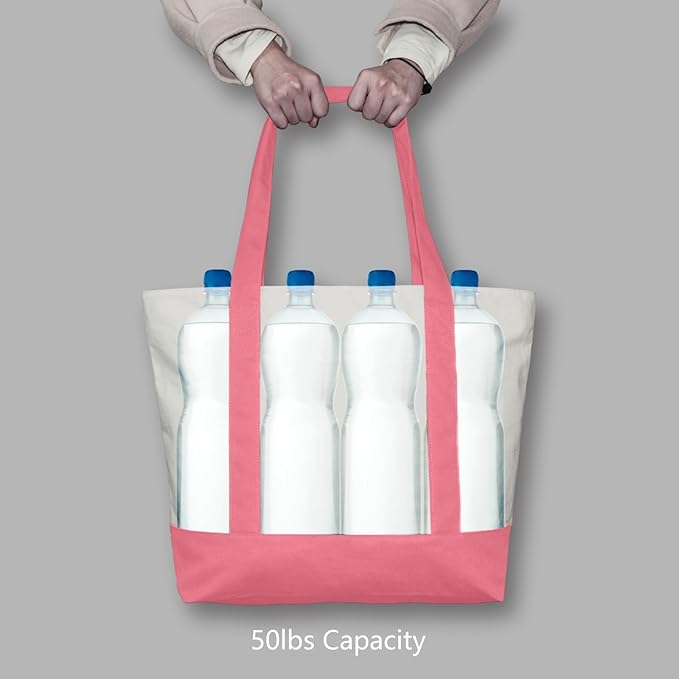 TOPDesign 1-Pack Canvas Tote Bag with an External Pocket, Reusable Grocery Shopping Bag, Top Zipper Closure, Daily Essentials (Rose Pink/Natural)