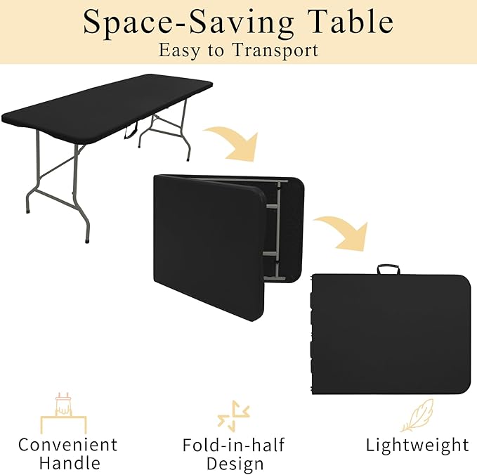 Folding Tables with Carrying Handle Lightweight Rectangular Portable Plastic Camping Table Steel Legs for Party, Dining, Wedding, Events, Picnic Indoor, Outdoor (5FT, Black)