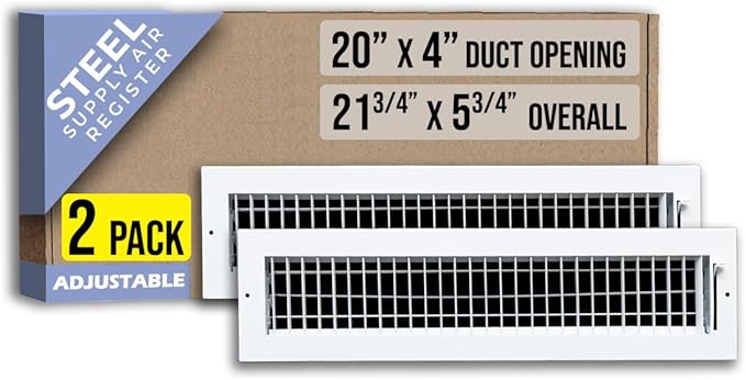 [2 Pack] Fits 20x4 Duct Opening Steel Adjustable Air Supply Grille by Handua | Register Vent Cover Grill for Sidewall and Ceiling | White | Out. Dim.: 21.75" X 5.75"