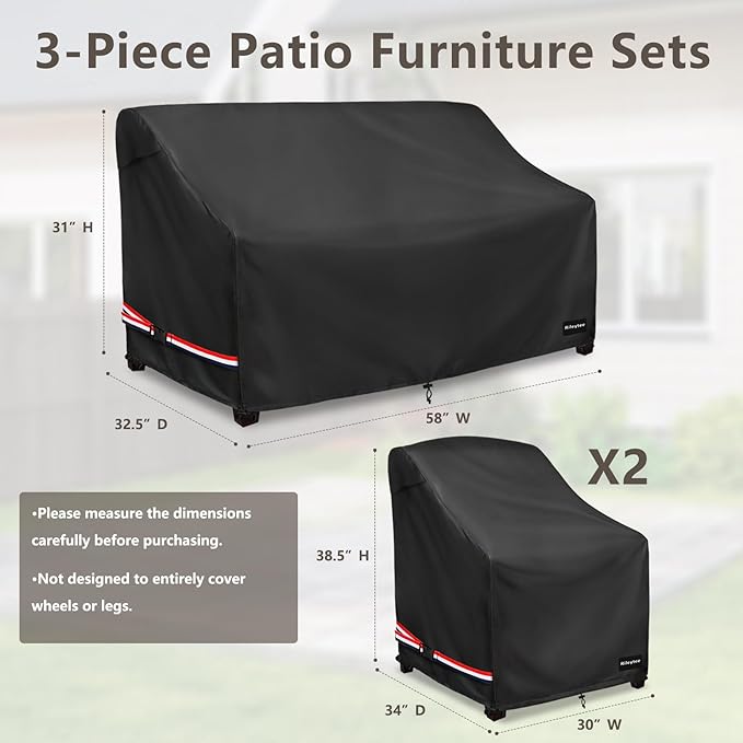 Patio Furniture Covers,3 Piece Heavy Duty Waterproof Outdoor Furniture Covers,Outdoor Furniture Cover for Patio Furniture,Includes 2 Patio chair covers 30in and 1 Patio loveseat cover 58in,Black