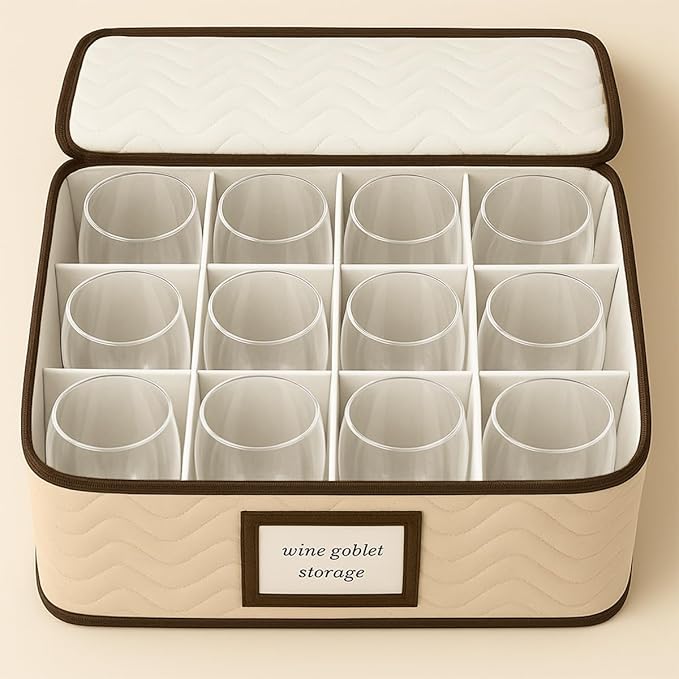 Wine Glass Storage Box with Dividers - Holds 12 Glasses up to 3.75" Wide - Stemware Storage Case - Protects Fine China - Durable Quilted Microfiber Bin with Carry Handles - Ideal for White Wine
