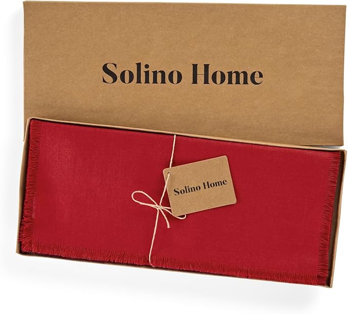Solino Home Fringe Linen Table Runner 72 Inches Long - 100% Pure Linen Cherry Red Dining Table Runner 14 x 72 Inch for Valentines