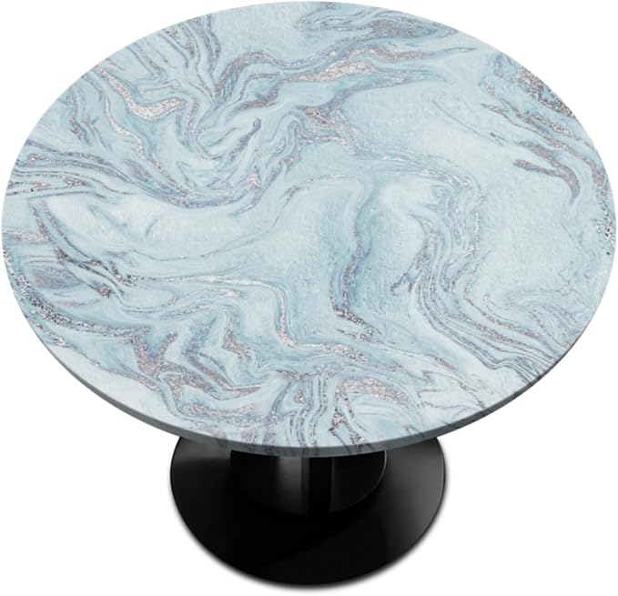 Blue Silver Marble Pattern Round Table Cloth Cover, Elastic Edge Waterproof Wipeable Tablecloths 45"-56" Polyester Tablecloth for Party Restaurant Banquet Holiday Camping Outdoor Picnic