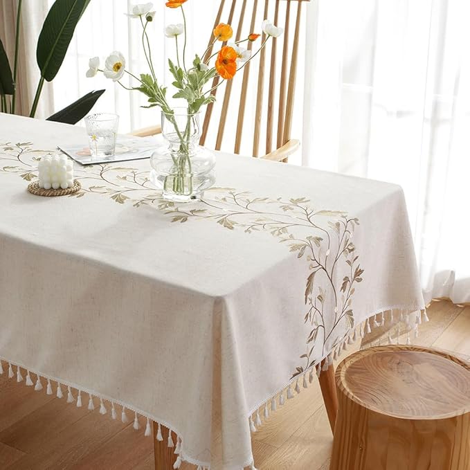 Pahajim Rustic Linen Tablecloth Cotton Waterproof Table Cloth for Kitchen Dining with Tassel Rectangle Tablecloths Rectangle/Oblong,55''x79'',4-6 Seats