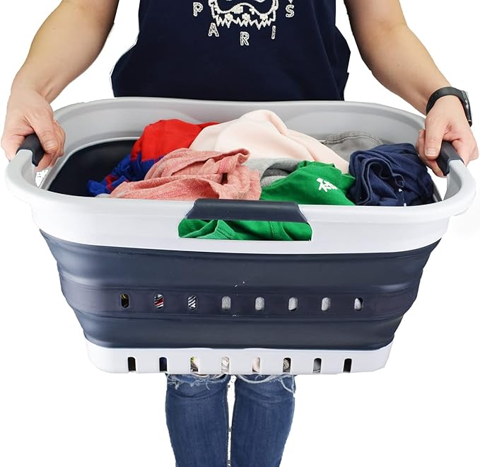 SAMMART 30L (8 gallons) Collapsible Plastic Laundry Basket/Hamper-Foldable Storage Container/Organizer-Space Saving Outdoor Pop Up Saving (Grey/Slate Grey (Set of 2))