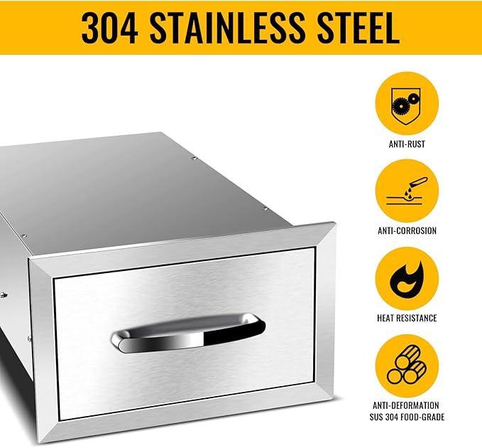 Outdoor Kitchen Drawers, Box Frame Style Flush Mount BBQ Drawer w/Stainless Steel Handle, BBQ Island Drawers For Patio Grill Station,Single Drawer