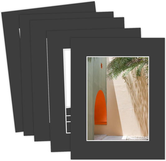 MBC Mat Board Center, 5 Pack 8.5X11 for 6X8 Black Picture Mats Frame Mattes, Bevel Cut, Acid Free, 4-Ply Thickness
