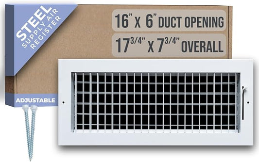 Fits 16x6 Duct Opening Steel Adjustable Air Supply Grille by Handua | Register Vent Cover Grill for Sidewall and Ceiling | White | Outer Dimensions: 17.75" X 7.75"