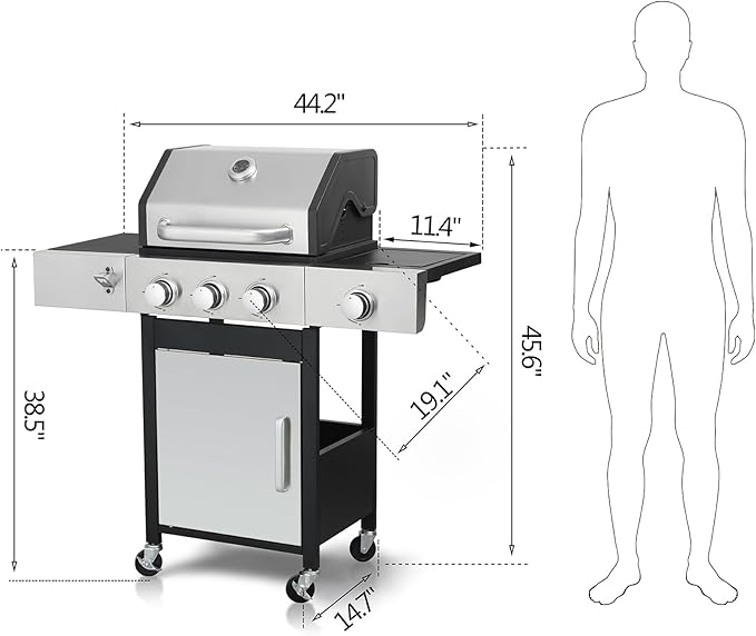 3-Burner Gas Grill with Side Burner, 37230 BTU Outdoor BBQ, Large Cooking Area with Enameled Cast Iron Grates, Locking Wheels & Foldable Side Tables for Patio & Backyard(3+1 Burner)
