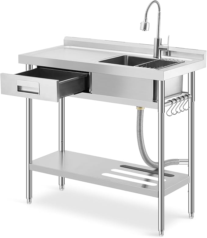 Freestanding Stainless Steel Utility Sink with Workbench, Left Drawer, Commercial Kitchen Sink with Faucet, Hot & Cold Water, Storage Shelf, S-Hook, Knife Holder, Adjustable Leg for Indoor Outdoor