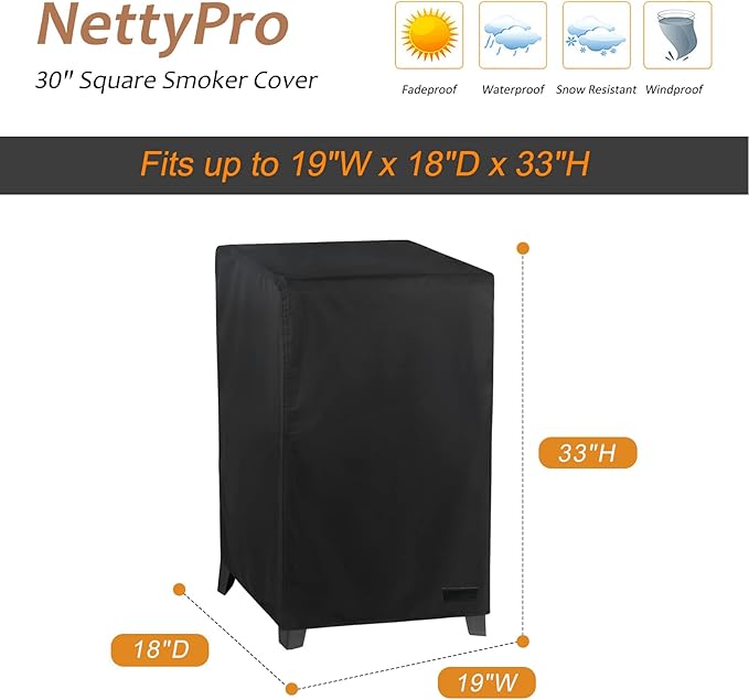 NetttyPro Electric Smoker Cover for Outside Masterbuilt Smoker 30 inch, Outdoor Waterproof Heavy Duty Square Vertical Small Grill Cover, 19" W x 18" D x 33" H, Black