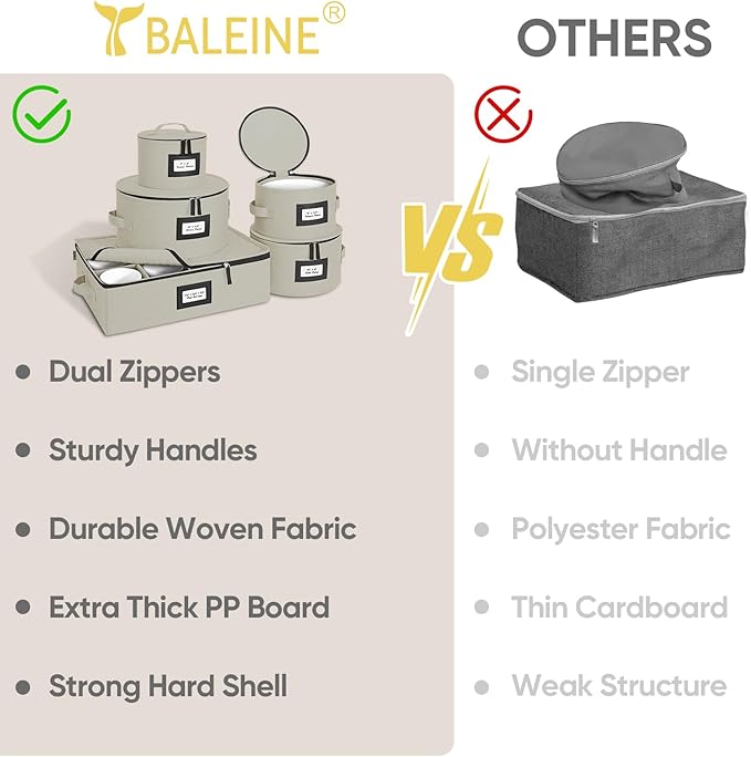 BALEINE China Storage Containers, Sturdy Quilted Wine Glass Storage, Plate Organizer with Carry Handles, Moving Boxes for Dishes, Cups, Mugs and Stemware (Plate Mug Combo, Hard Shell Cream)