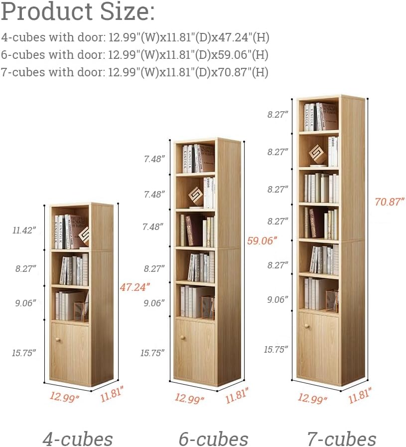IOTXY Small Narrow Corner Bookcase - 59 Inches Tall Gap Freestanding Storage Cabinet, 6 Lattices Open Shelves Tower Rack with Door, Cubes Bookshelf in Oak