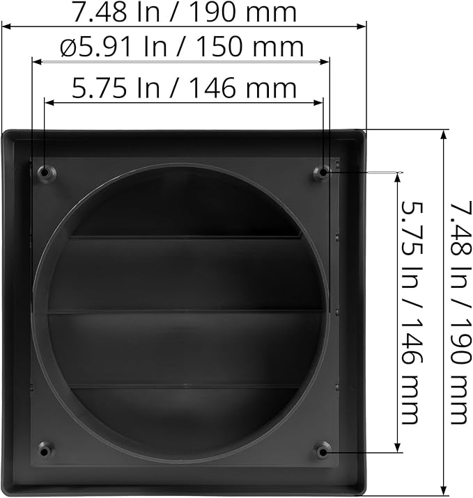Plastic 6" Black Dryer Vent Cover with Flange - Exhaust Ventilation Grille with Shutters - Louvered Air Vent for Bathroom, Kitchen, Garage various Ventilation Systems Ø5.9" / 7.5" x 7.5"