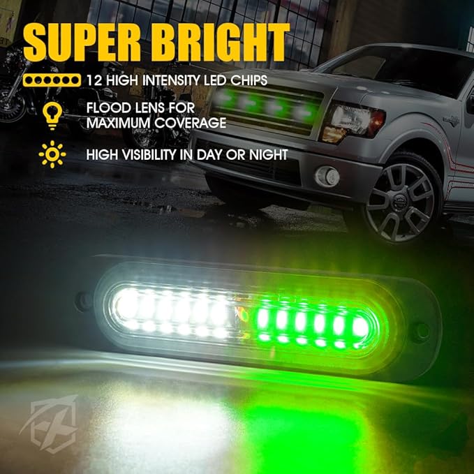 Xprite White Green LED Surface Mount Strobe Lights Kit, w/Control Panel Emergency Safety Warning Flashing Grille Cop Marker Light Assembly for Vehicles Trucks ATV UTV Motorcycle 4PCS
