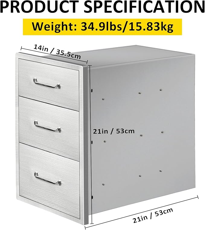 Outdoor Kitchen Drawers 14" W x 21"H x 21"D Stainless Steel Drawer Flush Mount Triple BBQ Drawers with Chrome Handle for Outdoor Kitchen Island, Patio Grill Station
