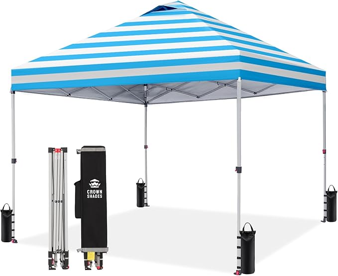 CROWN SHADES 10x10 Pop Up Canopy - Beach Tent with One Push Setup - Outdoor Sun Shade for Events, Parties, Camping - STO-N-Go Cover Bag, Silver Coated Top, 3 Height& 4 Sand Bags, Sky Blue Stripes