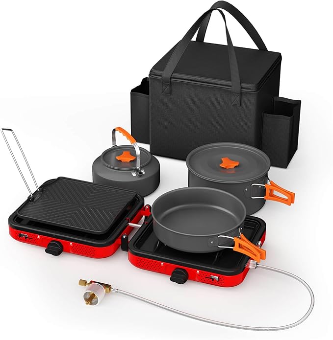 Hisencn Camping Stove,2 Burner Propane Stove,20000 BTU/h Camping Cooking set Includes Frying Pan,Kettle and Pot,Adjustable Burners & Piezo Ignition,Portable stove for camping Outdoor,Red