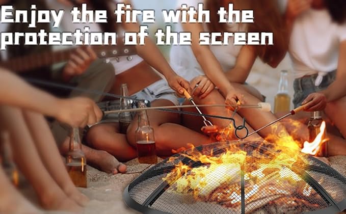Fire Pit Spark Screen, 24 Inch Outdoor Fire Pit Screen with Foldable Hook and Marshmallow Sticks, Heavy Duty Steel Mesh Fire Pit Cover for Backyard, Beach, RV Camping