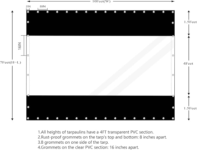 20 Oz Outdoor Vinyl Curtain, Outdoor Clear Panel Curtain, Weather Resistant Outdoor Curtain for Pergola, Porch, Gazebos, with Rustproof Grommets (7'H x 10'W, Black)