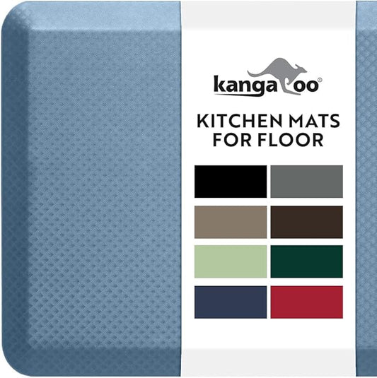 KANGAROO Thick Ergonomic Anti Fatigue Mats for Kitchen Floor, 39x20, Cushioned Standing Office Desk Mat, Waterproof Scratch Resistant Topside, Supportive All Day Comfort Padded Foam Rugs, Sky Blue