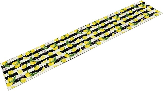 Farmhouse Lemon Fruit Table Runner Nature Aesthetic Black White Stripe Flowers Plant Dining Table Decoration for Home Holiday Party Dresser Kitchen Cabin Restaurant Wedding Decor 13×70in