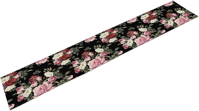 Gothic Floral Table Runner,Vintage Pink Red Rose Flower Print Table Runner for Kitchen Dining Table Indoor Outdoor Home Party Decor,Black 13x90in