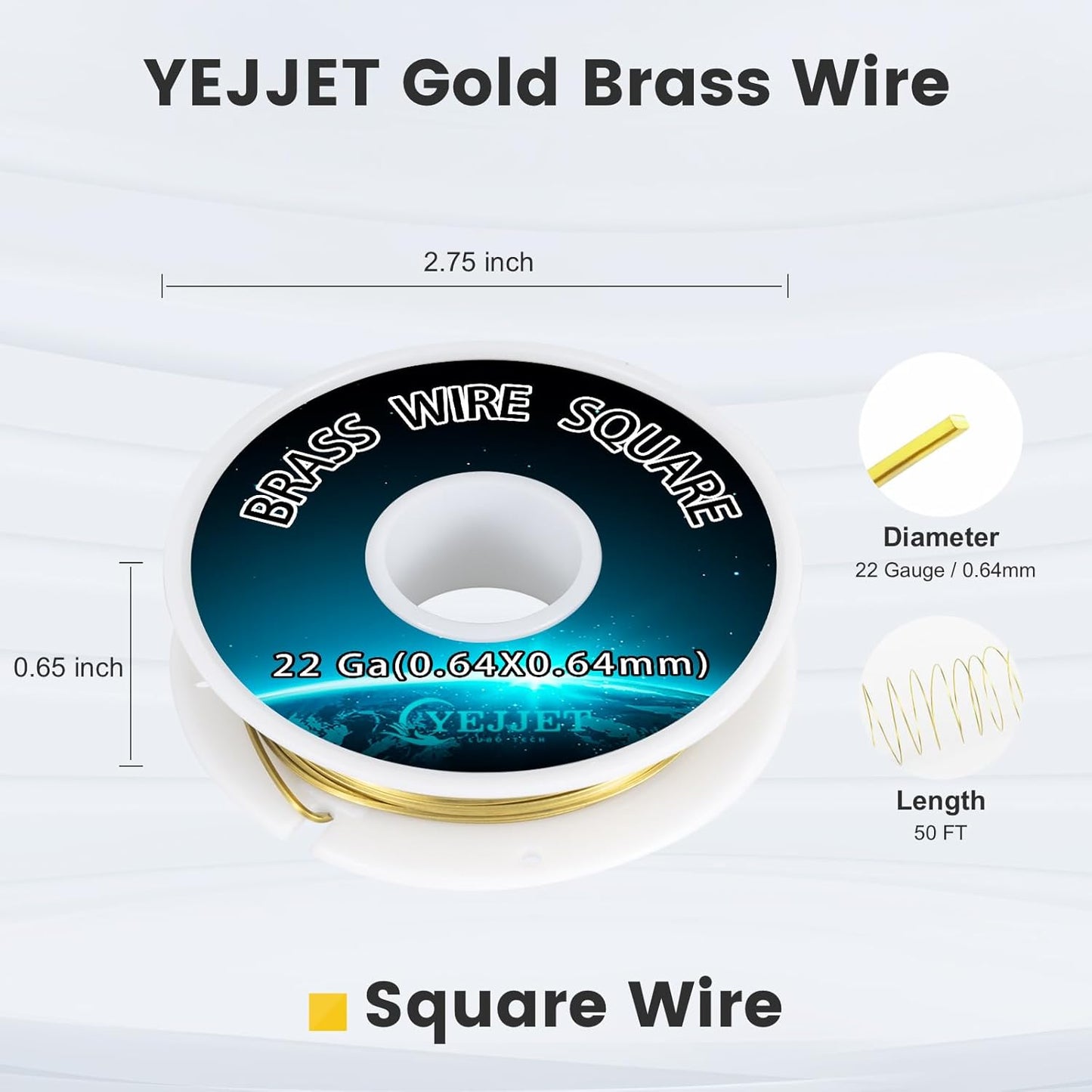 22 Gauge Square Brass Wire 0.64x0.64mm (30FT) - Ultra-Fine Craft Wire for Detailed Metalwork, Embroidery, Miniatures