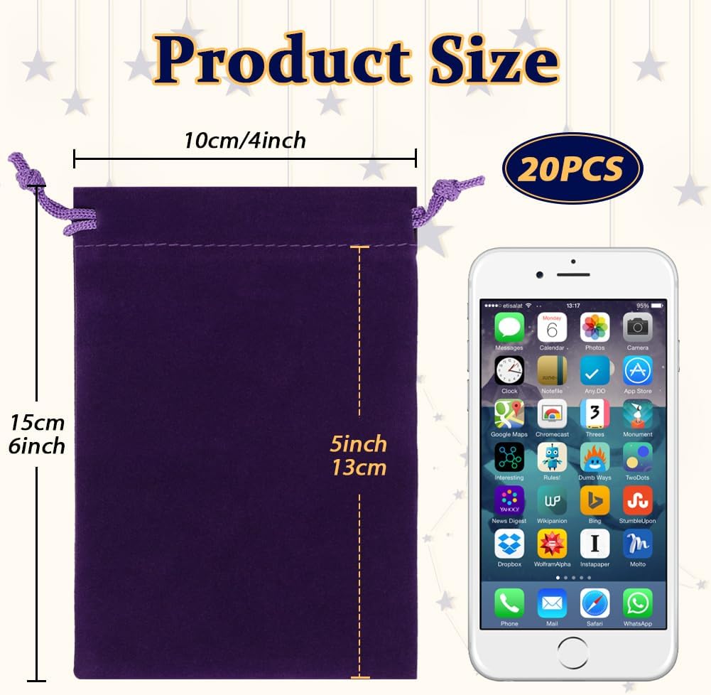 Shintop 20pcs Velvet Bags with Drawstring, 4x6 inch Purple Jewelry Bags Gift Pouches for Dice, Crystals, Tarot Cards