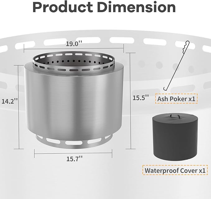 ALAULM Smokeless Fire Pit, 19 Inch Portable Fire Pit for Outside Wood Burning, Includes Ash Poker & Waterproof Cover, No Assembly Required, Solo Stove for Camping, Backyard & Patio (Silver)